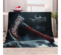 3D Printed Gorgeous Battle Axe And Dragon Flannel Fleece Blanket （270GSM） Fantasy Dark Style Super Cozy 220x240 cm Queen Size Fade Resistant Home Decor Gift - Machine Washable