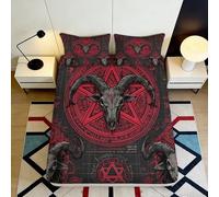 3D Printed Gothic Pentagram Fitted Sheet Microfiber Soft Black Red Ram Skull Bed Cover for Bedroom Decor Adult Teen 90x200x25cm