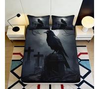 3D Printed Gothic Raven Graveyard Fitted Sheet Microfiber Soft Black Moon Mattress Cover Bedroom Dorm Decor 140x200x25cm