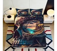3D Printed Gothic Skull Fitted Sheet Microfiber Soft Dark Fantasy Castle Bed Cover for Bedroom Decor Protection 90x200x25cm