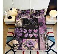3D Printed Gothic Skull Raven Fitted Sheet Microfiber Purple Butterfly Hearts Bed Cover for Bedroom Guest Room Decor 180x200x25cm