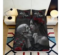 3D Printed Gothic Skull Rose Fitted Sheet Microfiber Deep Pocket Bedroom Bedding Dark Pattern Mattress Fitted Cover All-Age Washable Elastic Hem 160x200x25cm