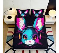 3D Printed Graffiti Rabbit Fitted Sheet Microfiber Deep Pocket Non-Slip Bedroom Bedding Music Style Mattress Fitted Cover Washable for All Ages 140x200x25cm