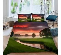 3D Printed Grassland Stream Single Duvet Cover Sunset Duvet Sets Soft Breathable Microfibre 3Pcs Bedding 150x200 with Hidden Zipper Closure and 2 Pillowcases 50x75 3086-D