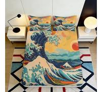 3D Printed Great Wave Sunrise Fitted Sheet Microfiber Soft Anti-Slip Mount Fuji Mattress Cover Bedroom Decor 180x200x25cm