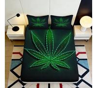 3D Printed Green Cannabis Leaf Fitted Sheet Microfiber Soft Mattress Cover for Bedroom Dorm Home Decor Protection 90x200x25cm