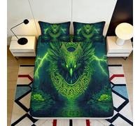 3D Printed Green Dragon Fitted Sheet Microfiber Soft Breathable Lightning Serpent Mattress Cover for Bedroom Dorm Decor 90x200x25cm