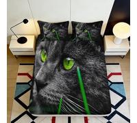 3D Printed Green Eyed Cat Fitted Sheet Microfiber Soft Breathable Black Cat Bed Cover for Bedroom Decor Mattress Protection 90x200x25cm