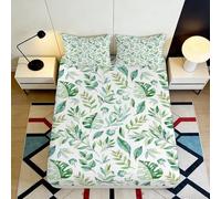 3D Printed Green Leaf Pattern Fitted Sheet Microfiber Botanical Mattress Cover Breathable Anti-Slip Bed Decor for Bedroom Dorm 90x200x25cm