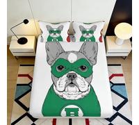 3D Printed Green Masked Bulldog Fitted Sheet Microfiber Soft Breathable Superhero Dog Bed Cover for Bedroom Dormitory Guest Room Mattress Protection 180x200x25cm