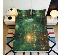 3D Printed Green Matrix Lights Fitted Sheet Microfiber Soft Breathable Digital Grid Bed Cover for Bedroom Guestroom Decor 90x200x25cm