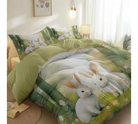 3D Printed Green White Duvet Cover, Premium Lightweight Reversible Microfiber Forest Rabbit Daisy Meadow Nature Quilt Cover with Zipper, 230 x 220 cm 3 Piece Bedding for Dog Lover Girl