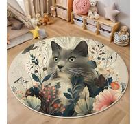 3D Printed Grey Flower Cat Round Area Rug Circular Carpet Soft Non-Slip Washable Mat Low Pile Rug Watercolor Animals Anti-Slip Carpet For Living Room Bedroom Decoration,140Cm