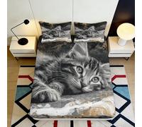 3D Printed Grey Tabby Cat Fitted Sheet Microfiber Soft Anti-Slip Black White Kitten Bed Cover for Bedroom Dorm Mattress Protection 90x200x25cm