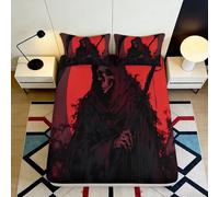 3D Printed Grim Reaper Fitted Sheet Microfiber Soft Black Red Skull Mattress Cover for Bedroom Dorm Easy Care Decor 90x200x25cm