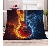 3D Printed Guitar Flame Ice Water Flannel Fleece Blanket （270GSM） Rock Art Style Super Cozy 220x240 cm Queen Size Fade Resistant Home Decor Gift - Machine Washable