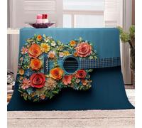 3D Printed Guitar Inlaid With Colorful Flowers Flannel Fleece Blanket （270GSM） Music And Nature Super Cozy 220x240 cm Queen Size Fade Resistant Home Decor Gift - Machine Washable