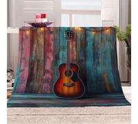3D Printed Guitar Leaning Against Painted Wooden Wall Flannel Fleece Blanket (270GSM) Retro Country Style Super Cozy 150x200 cm Double Size Fade Resistant Home Decor Gift - Machine Washable