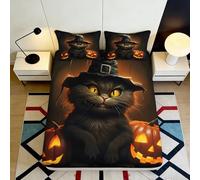 3D Printed Halloween Black Cat Fitted Sheet Microfiber Soft Pumpkin Bed Cover for Bedroom Dorm Mattress Decor 90x200x25cm