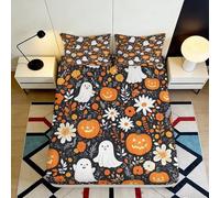 3D Printed Halloween Cartoon Fitted Sheet Microfiber Deep Pocket Elastic Hem Ghost Pumpkin Mattress Fitted Cover Bedroom Decor for Adults Teens 140x200x25cm