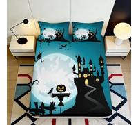 3D Printed Halloween Castle Fitted Sheet Microfiber Blue Pumpkin Moon Mattress Cover for Bedroom Dorm Decor 90x200x25cm