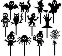 3D Printed Halloween Cupcake Toppers - Set of 12 Black Plastic Picks - Spooky Party Decorations for Kids, Adults, Birthday, Classroom or Haunted Treats - Durable & Reusable