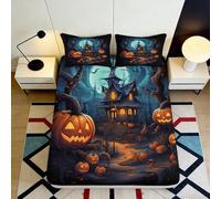 3D Printed Haunted Pumpkin Fitted Sheet, Microfiber Bed Cover, non-slip