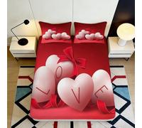 3D Printed Heart Love Fitted Sheet Microfiber Deep Pocket Red Bedroom Bedding Set Love Pattern Mattress Fitted Cover Elastic Hem Washable 200x200x25cm