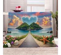 3D Printed Heart-shaped Island Reflected In The Sky Flannel Fleece Blanket (270GSM) Romantic Sea Of Flowers Super Cozy 270x230 cm King Size Fade Resistant Home Decor Gift - Machine Washable