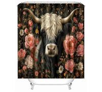 3D Printed Highland Cattle Flowers Painted Vintage Shower Curtain 180x200 cm Mould Proof Resistant Quick Drying Polyester Fabric Waterproof Washable Bathroom Curtain with 12 rings for Art Deco