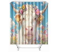 3D Printed Highland Cattle Flowers Painting Art Shower Curtain 180x200 cm Mould Proof Resistant Quick Drying Polyester Fabric Waterproof Washable Bathroom Curtain with 12 rings for Art Deco