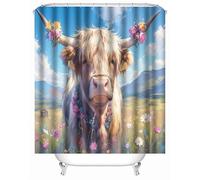 3D Printed Highland Cattle Flowers Painting Art Shower Curtain 200x200 cm Mould Proof Resistant Quick Drying Polyester Fabric Waterproof Washable Bathroom Curtain with 12 rings for Art Deco