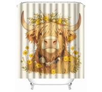 3D Printed Highland Cattle Flowers Pastoral Painted Shower Curtain 180x200 cm Mould Proof Resistant Quick Drying Polyester Fabric Waterproof Washable Bathroom Curtain with 12 rings for Art Deco