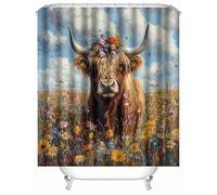 3D Printed Highland Cattle Flowers Pastoral Painted Shower Curtain 220x200 cm Mould Proof Resistant Quick Drying Polyester Fabric Waterproof Washable Bathroom Curtain with 12 rings for Art Deco