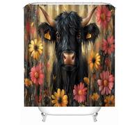 3D Printed Highland Cattle Flowers Retro Art Shower Curtain 220x200 cm Mould Proof Resistant Quick Drying Polyester Fabric Waterproof Washable Bathroom Curtain with 12 rings for Art Deco
