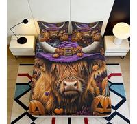 3D Printed Highland Cow Halloween Fitted Sheet Microfiber Deep Pocket Non-Slip Bedding Halloween Mattress Fitted Cover 160x200x25cm
