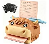 3D Printed Highland Cow Sticky Note Holder, 3 X 3 Inch Desktop Organizer with 3 Reusable Drawing Stencils Cute Pen Rest Memo Pad Dispenser for Home Office School Highland Cow Lovers