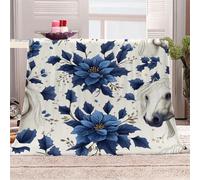3D Printed Horse Dark Blue Flowers-11 Flannel Fleece Blanket （270GSM） Elegant And Romantic Super Cozy 270x230 cm King Size Fade Resistant Home Decor Gift - Machine Washable