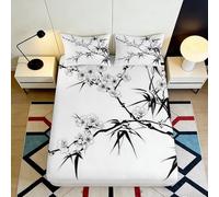 3D Printed Ink Bamboo Fitted Sheet Microfiber Soft Black White Plum Blossom Mattress Cover for Bedroom Décor 90x200x25cm