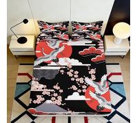 3D Printed Japanese Crane Fitted Sheet Microfiber Black Red Sakura Bed Cover for Bedroom Guest Room Decor Dust Protection 90x200x25cm