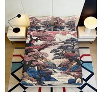 3D Printed Japanese Landscape Fitted Sheet Microfiber Soft Blue Pink Sakura Bed Cover for Bedroom Guest Room Dorm Decor 90x200x25cm