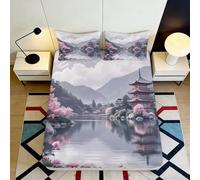 3D Printed Japanese Landscape Fitted Sheet Microfiber Soft Breathable Pagoda Bed Cover for Bedroom Dorm Decor 90x200x25cm