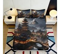 3D Printed Japanese Pagoda Nightscape Fitted Sheet Microfiber Soft Mountain View Bed Cover for Bedroom Guestroom Decor 90x200x25cm