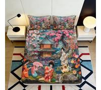3D Printed Japanese Sakura Fitted Sheet Microfiber Soft Oriental Geisha Bed Cover for Bedroom Guest Room Decor 90x200x25cm