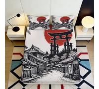 3D Printed Japanese Torii Fitted Sheet Microfiber Red Sun Village Bed Cover Anti-Slip Machine Washable Bedroom Decor 90x200x25cm