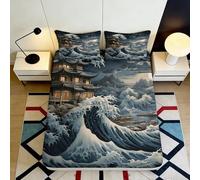 3D Printed Japanese Wave Fitted Sheet Microfiber Blue Pagoda Mattress Cover Non Slip Bedroom Decor Easy Care 90x200x25cm