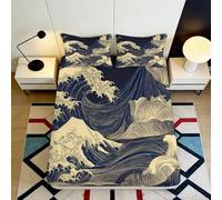 3D Printed Japanese Wave Fitted Sheet Microfiber Navy Decorative Mountain Bed Cover for Bedroom Dorm Easy Care 90x200x25cm