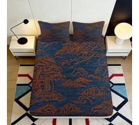 3D Printed Japanese Wave Fitted Sheet Microfiber Soft Blue Orange Tiger Bed Cover for Bedroom Dorm Decor Protection 90x200x25cm