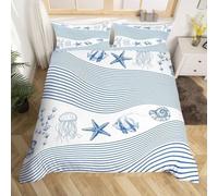3D Printed Jellyfish and Starfish Small Double Bed Duvet Cover Set For Kids Teens Blue and White Stripes Bedding Set The 3 Pieces includes 1 Quilt Covers 155x220 and 2 Pillowcases L.837