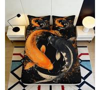 3D Printed Koi Fish Fitted Sheet Microfiber Soft Breathable Black Orange Yin Yang Bed Cover for Bedroom Decor 90x200x25cm